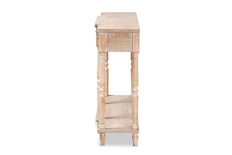 Hallan Classic and Traditional French Provincial Rustic Whitewashed Oak Brown Finished Wood 3-Drawer Console Table