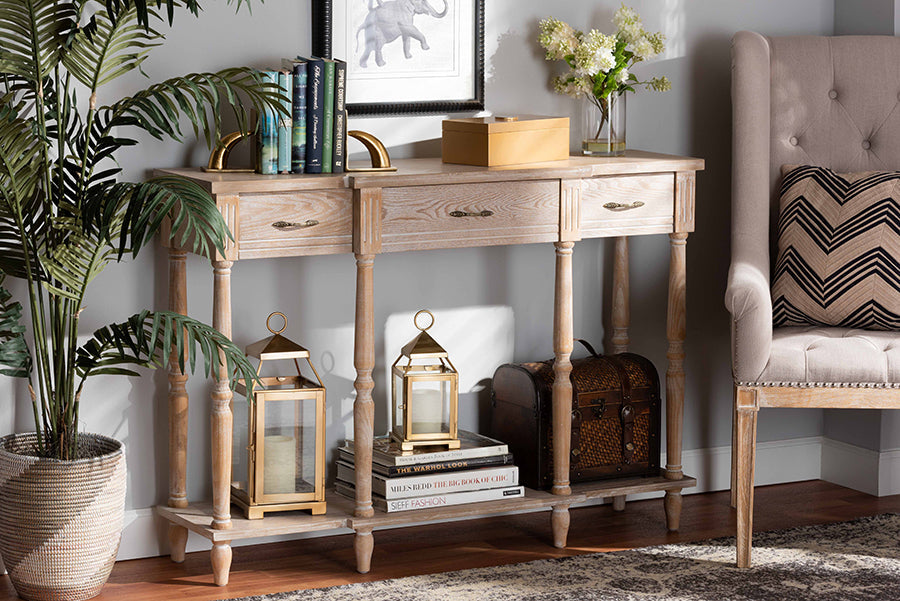 Hallan Classic and Traditional French Provincial Rustic Whitewashed Oak Brown Finished Wood 3-Drawer Console Table
