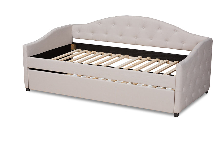 Becker Modern and Contemporary Transitional Beige Fabric Upholstered Twin Size Daybed with Trundle