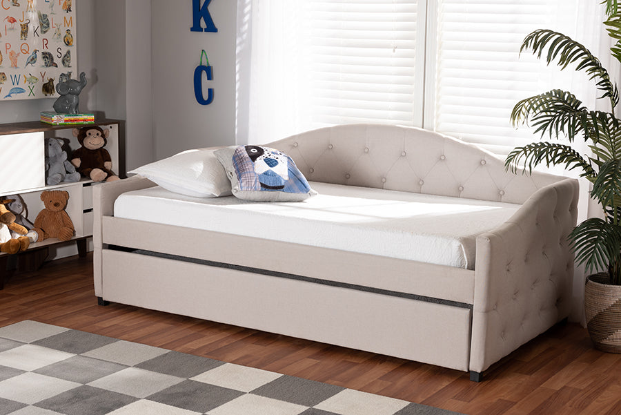 Becker Modern and Contemporary Transitional Beige Fabric Upholstered Twin Size Daybed with Trundle
