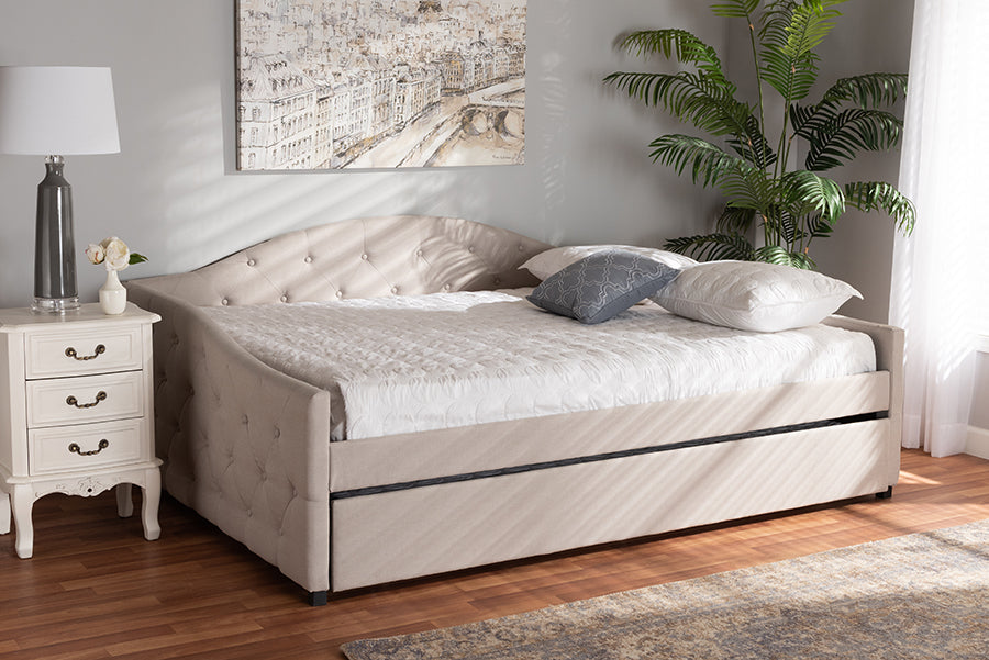 Becker Modern and Contemporary Transitional Beige Fabric Upholstered Queen Size Daybed with Trundle