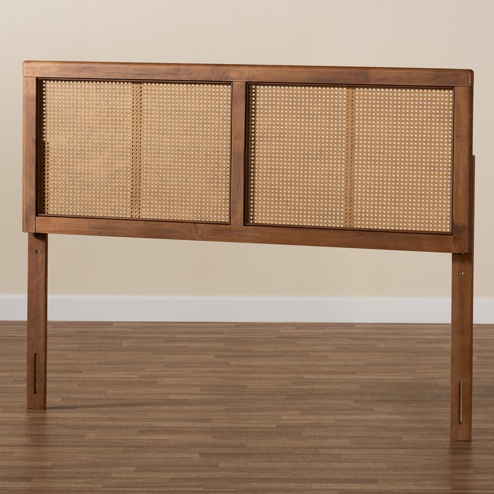 Gilbert Mid-Century Modern Ash Walnut Finished Wood and Synthetic Rattan King Size Headboard