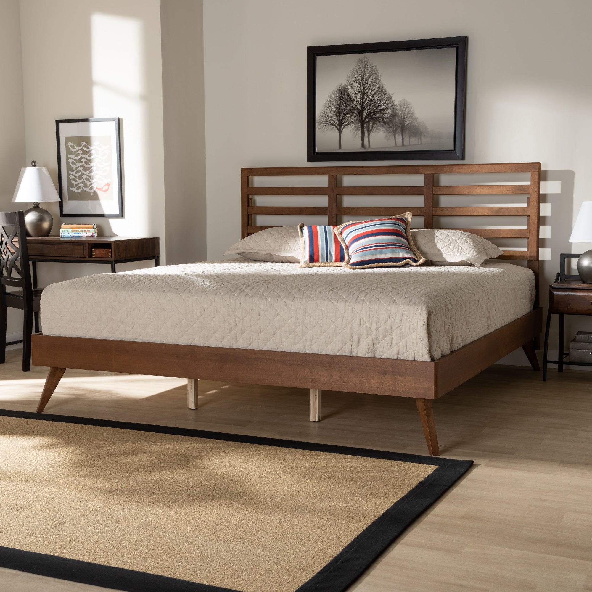 Shiro Mid-Century Modern Ash Walnut Finished Wood King Size Platform Bed