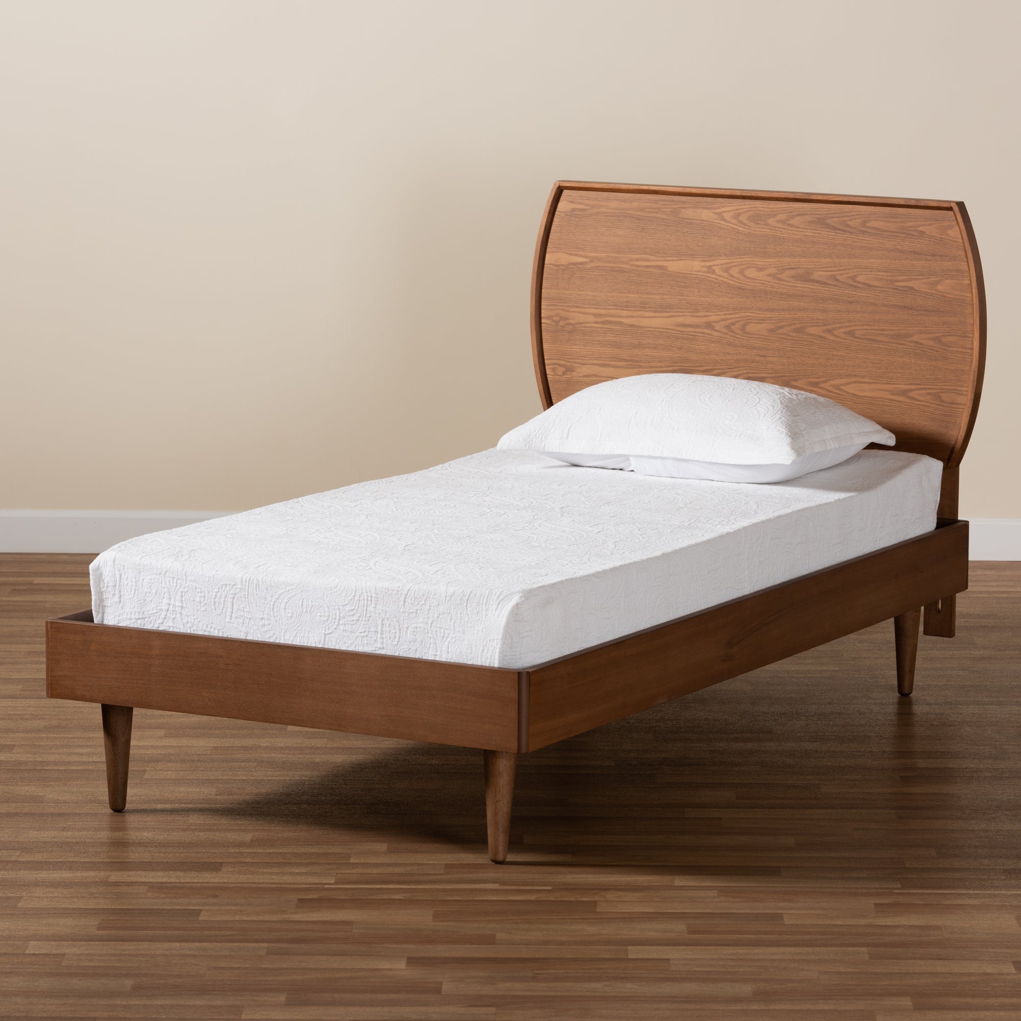 Salazar Twin Size Walnut Brown Platform Bed – Mid-Century Modern Wood Frame with Slat Support
