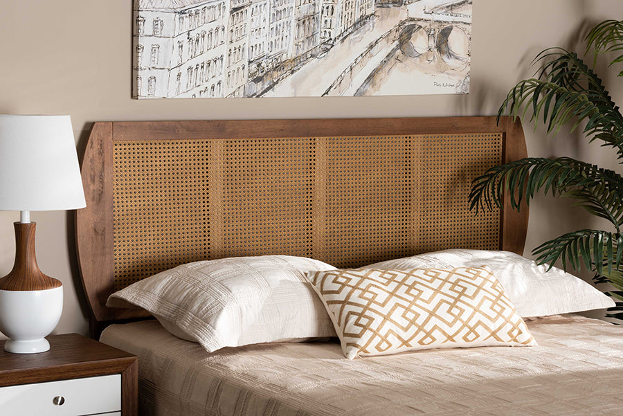 Baxton Studio Harris Mid-Century Modern Ash Walnut Finished Wood and Synthetic Rattan Full Size Headboard