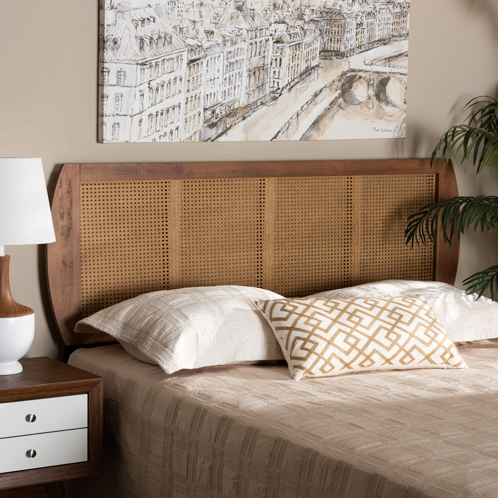 Harris Mid-Century Modern Ash Walnut Finished Wood and Synthetic Rattan Queen Size Headboard
