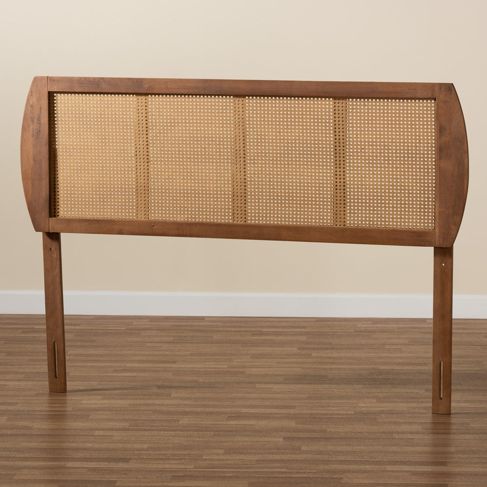 Harris Mid-Century Modern Ash Walnut Finished Wood and Synthetic Rattan Queen Size Headboard