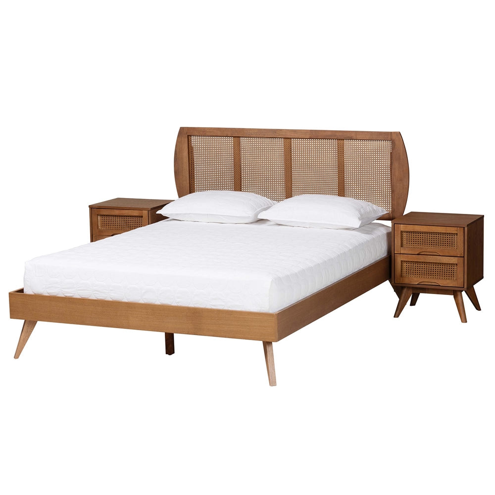 Asami Mid-Century Modern Walnut Brown Finished Wood And Woven Rattan Full Size 3-Piece Bedroom Set