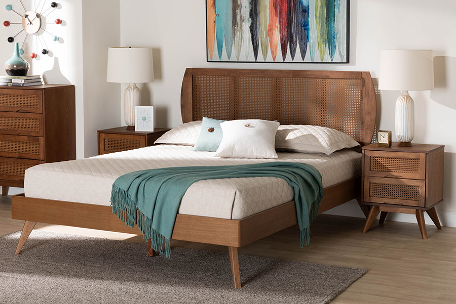 Asami Mid-Century Modern Walnut Brown Finished Wood And Woven Rattan Full Size 3-Piece Bedroom Set