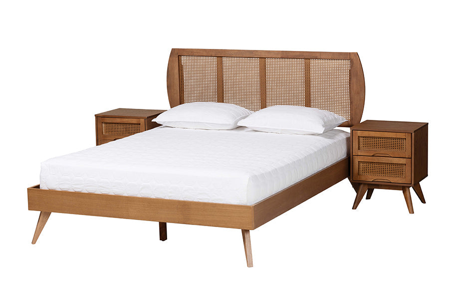 Asami Mid-Century Modern Walnut Brown Finished Wood And Woven Rattan Full Size 3-Piece Bedroom Set