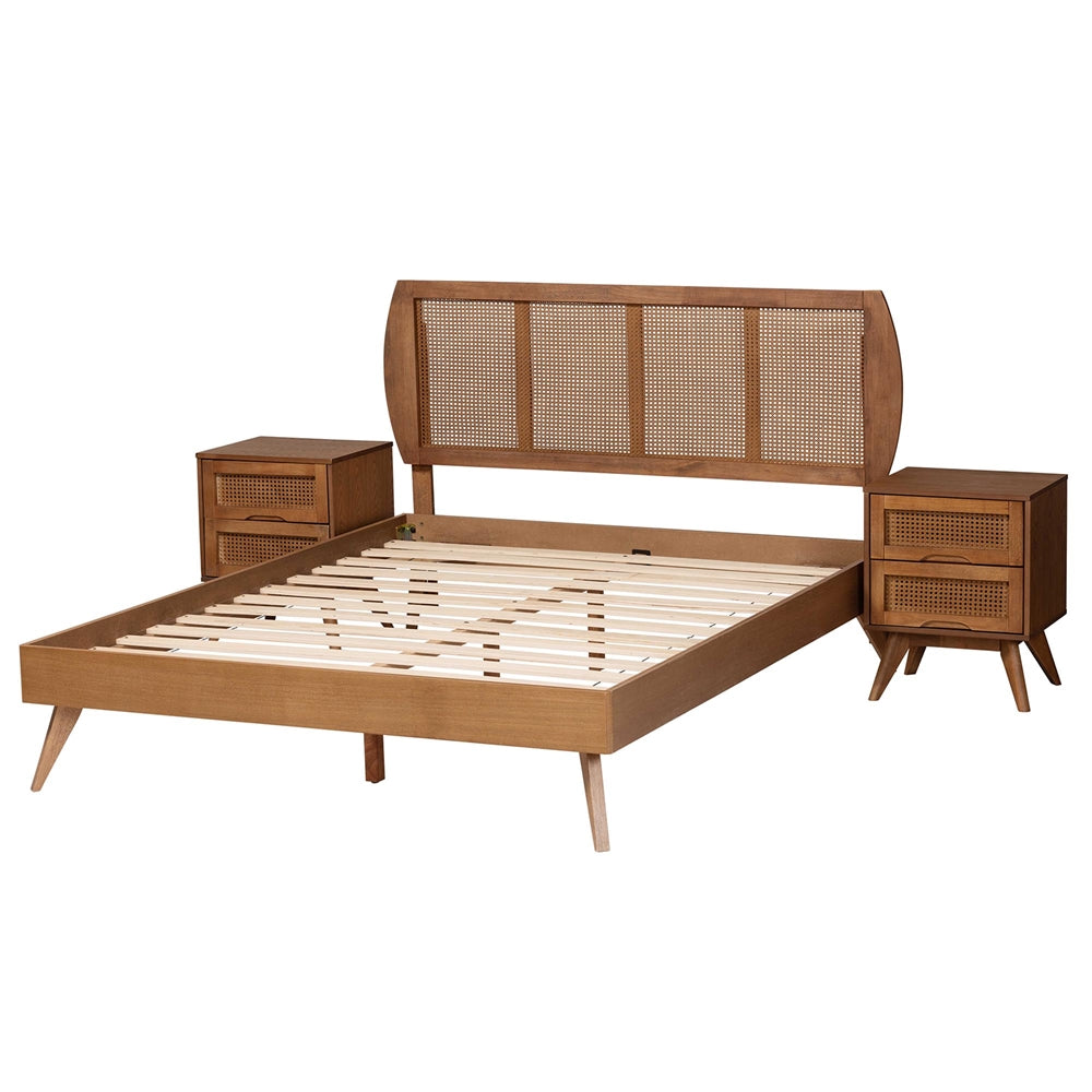 Asami Mid-Century Modern Walnut Brown Finished Wood And Woven Rattan Full Size 3-Piece Bedroom Set