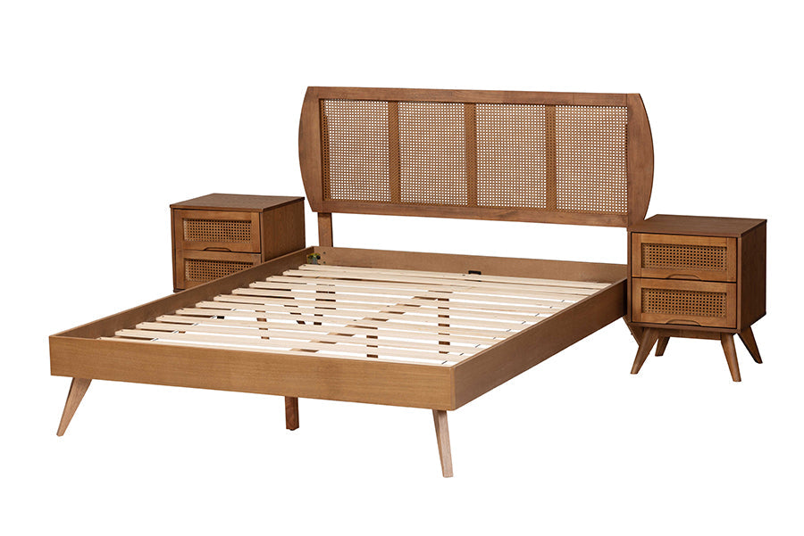 Asami Mid-Century Modern Walnut Brown Finished Wood And Woven Rattan Queen Size 3-Piece Bedroom Set
