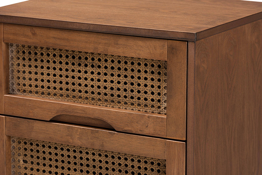 Asami Mid-Century Modern Walnut Brown Finished Wood And Woven Rattan Full Size 3-Piece Bedroom Set
