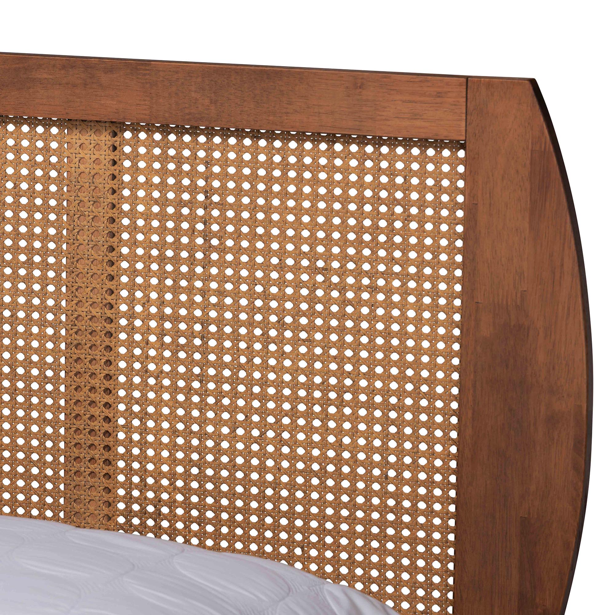 Asami Mid-Century Modern Walnut Brown Finished Wood And Woven Rattan Full Size 3-Piece Bedroom Set