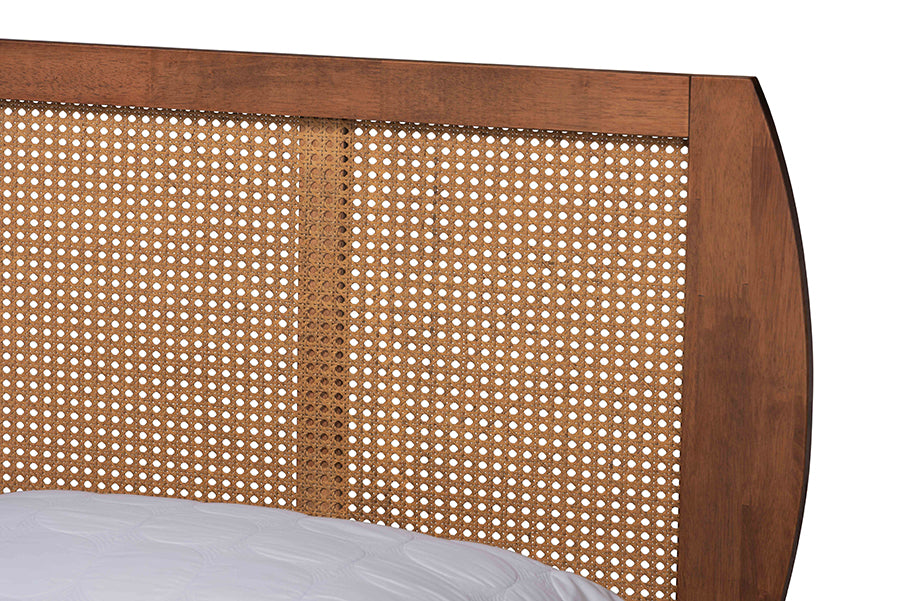Asami Mid-Century Modern Walnut Brown Finished Wood And Woven Rattan Full Size 3-Piece Bedroom Set