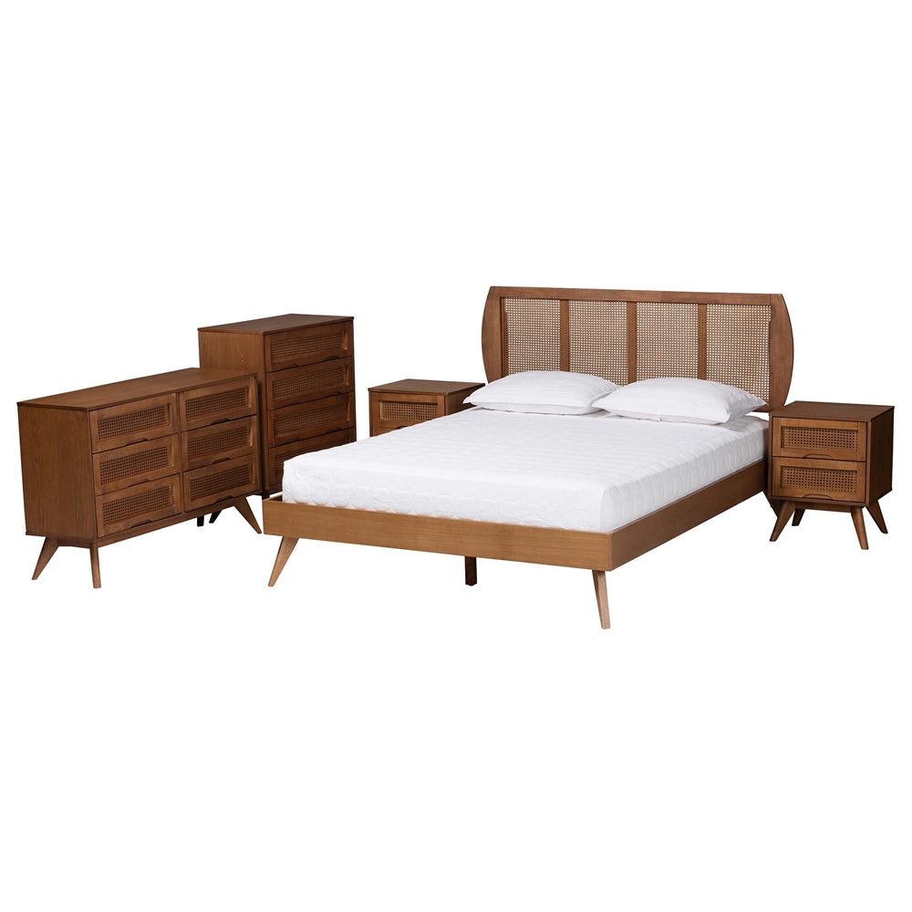 Asami Modern Walnut Brown Finished Wood And Woven Rattan Full Size 5-Piece Bedroom Set