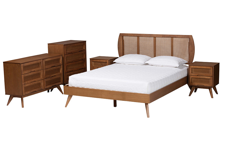 Asami Modern Walnut Brown Finished Wood And Woven Rattan Queen Size 5-Piece Bedroom Set