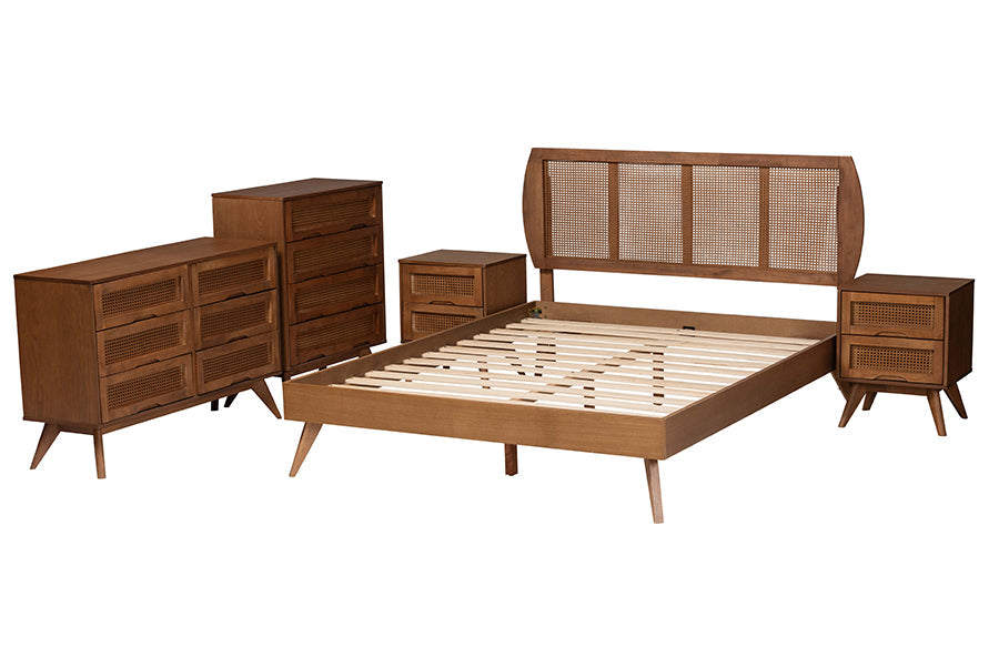 Asami Modern Walnut Brown Finished Wood And Woven Rattan Queen Size 5-Piece Bedroom Set