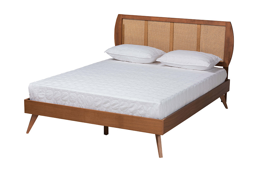 Asami Modern Walnut Brown Finished Wood And Woven Rattan Queen Size 5-Piece Bedroom Set