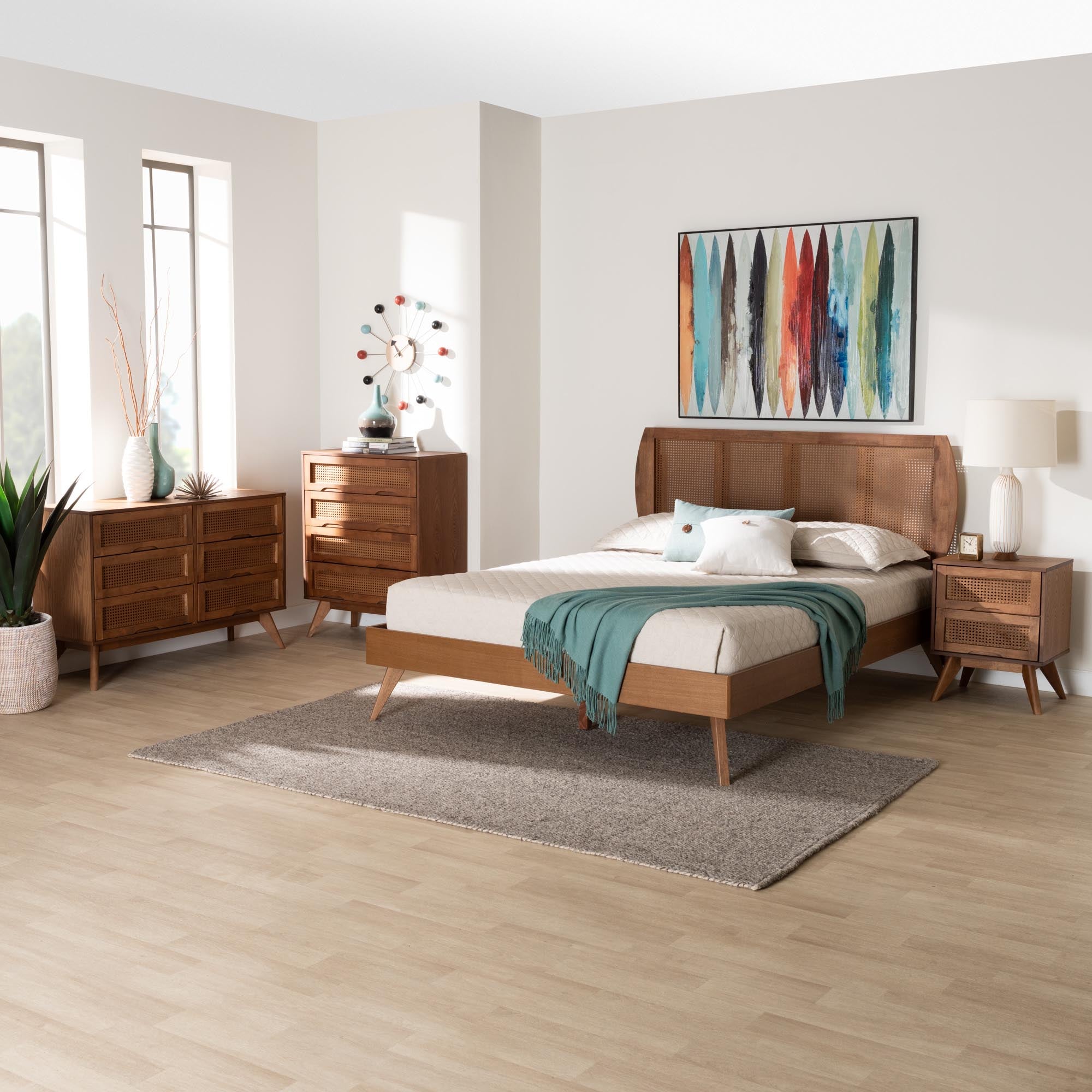 Asami Mid-Century Modern Walnut Brown Finished Wood And Woven Rattan King Size 4-Piece Bedroom Set