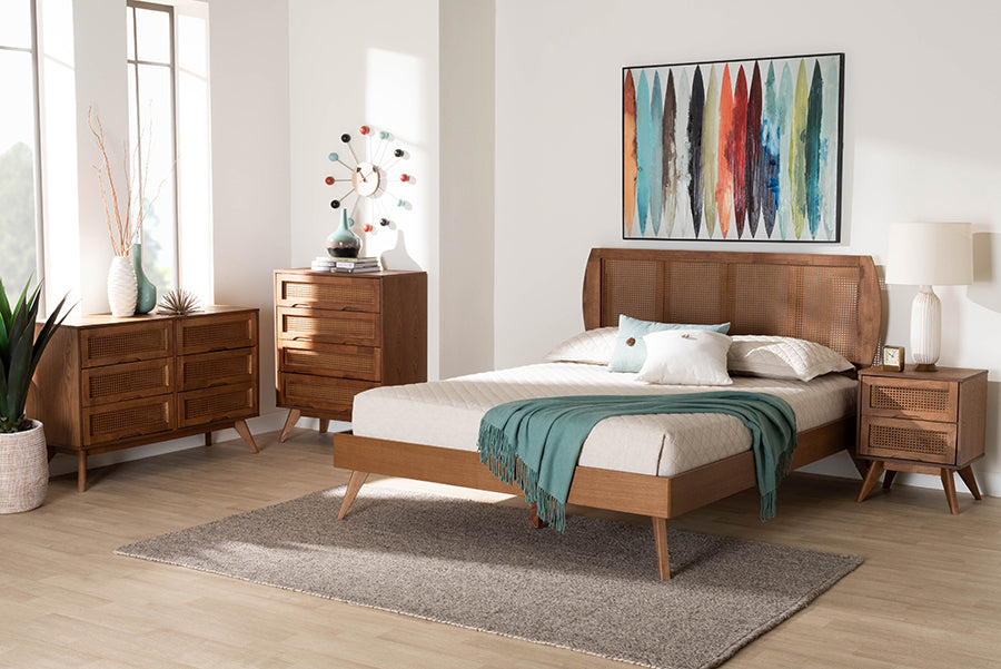 Asami Mid-Century Modern Walnut Brown Finished Wood And Woven Rattan Full Size 4-Piece Bedroom Set