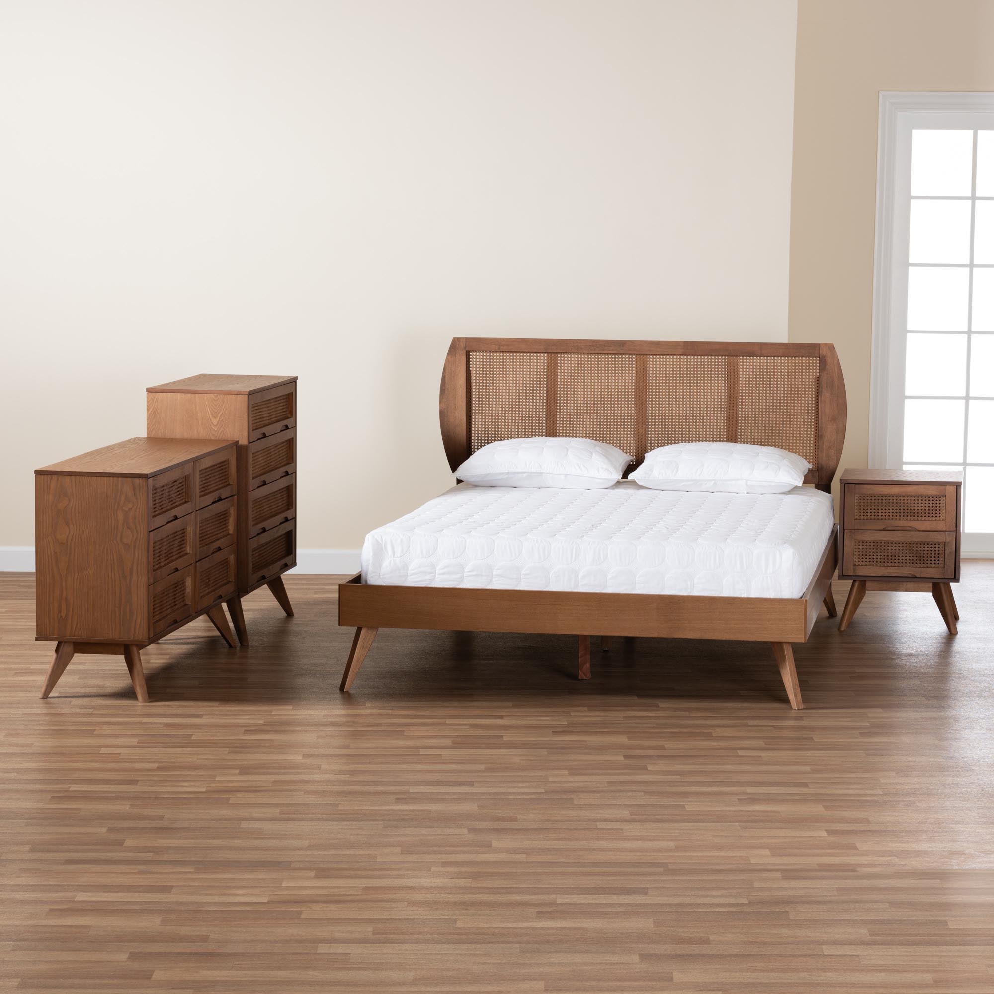 Asami Mid-Century Modern Walnut Brown Finished Wood And Woven Rattan Full Size 4-Piece Bedroom Set