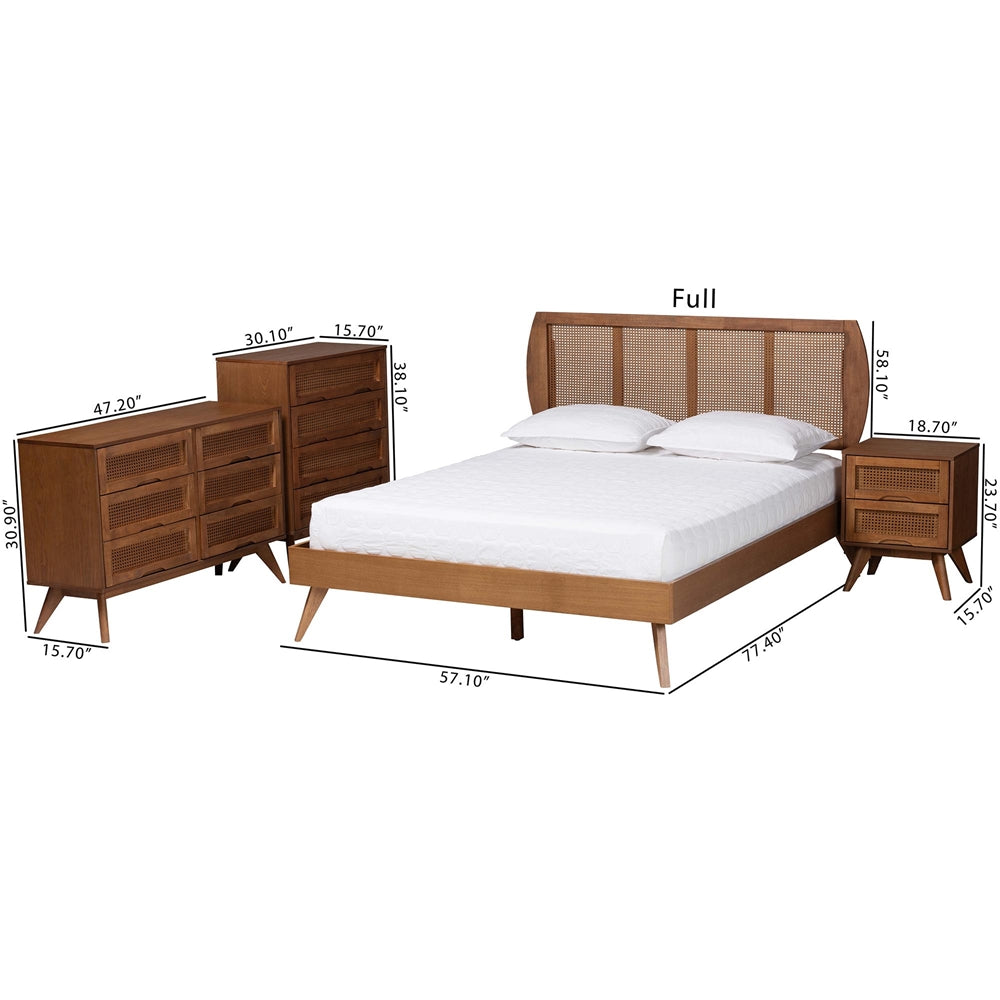 Asami Mid-Century Modern Walnut Brown Finished Wood And Woven Rattan Full Size 4-Piece Bedroom Set