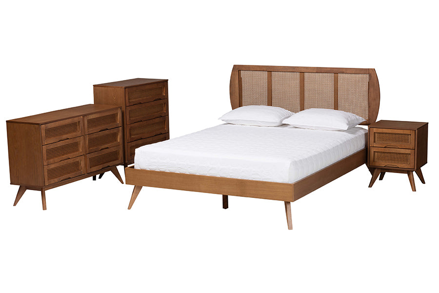 Asami Mid-Century Modern Walnut Brown Finished Wood And Woven Rattan Queen Size 4-Piece Bedroom Set