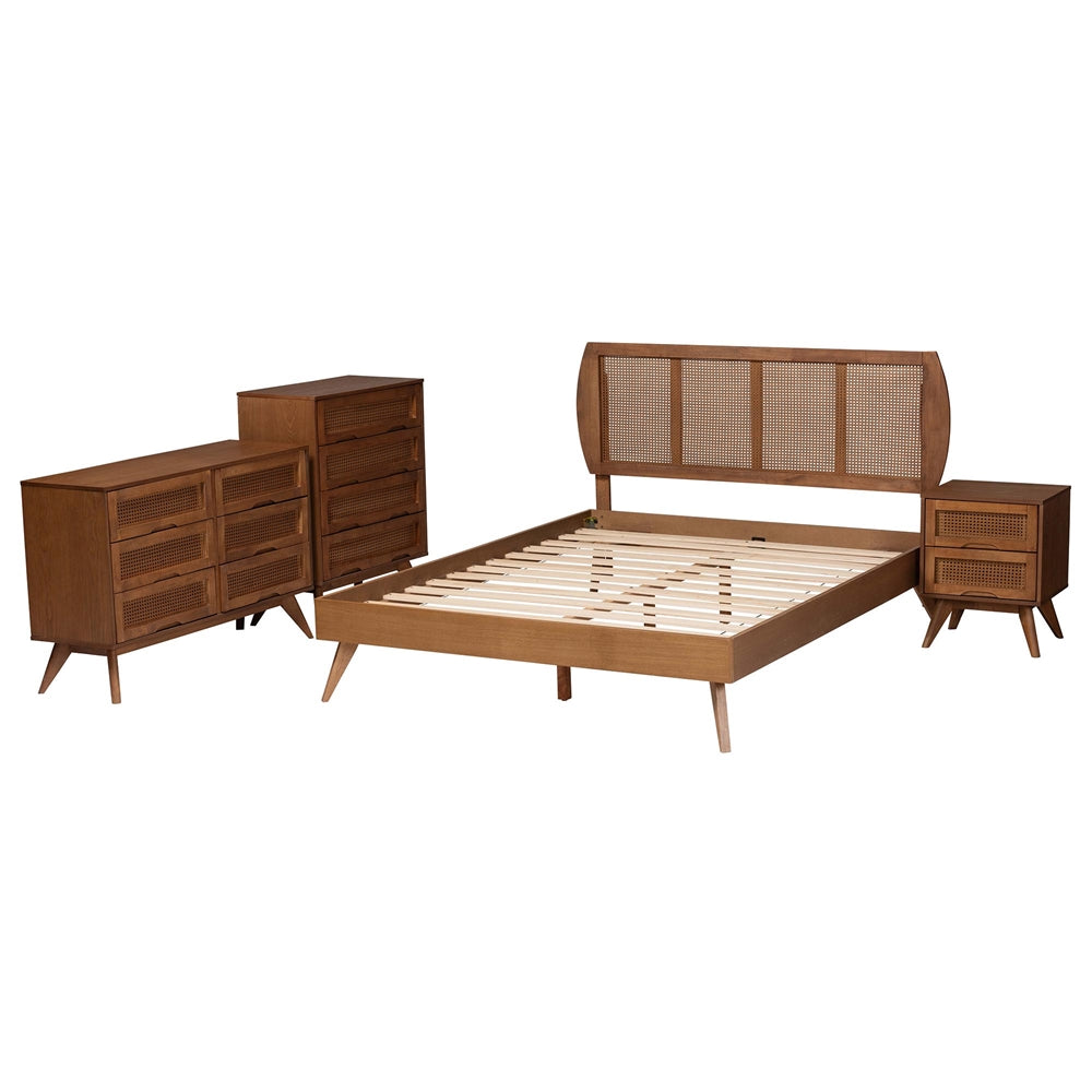 Asami Mid-Century Modern Walnut Brown Finished Wood And Woven Rattan Full Size 4-Piece Bedroom Set