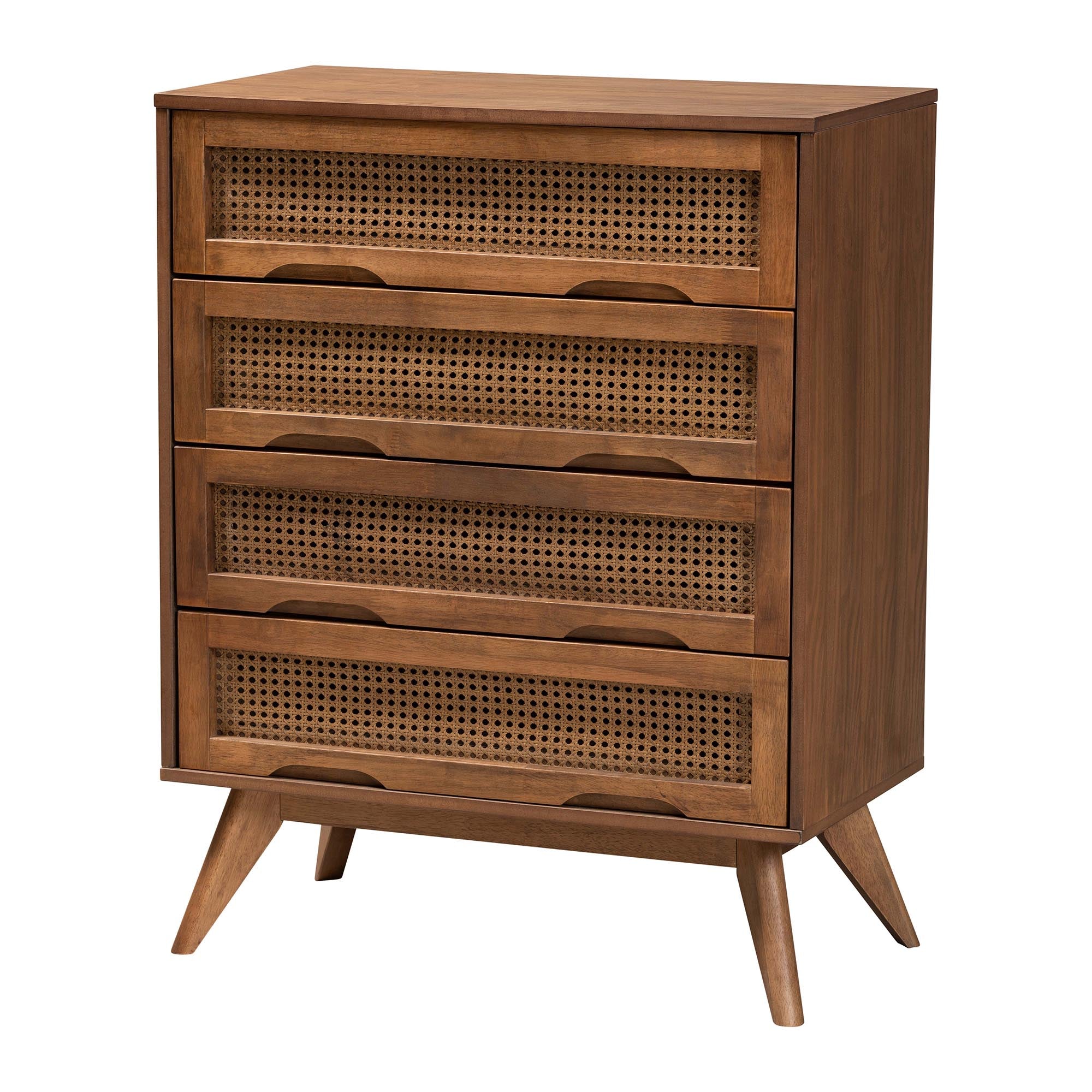 Asami Mid-Century Modern Walnut Brown Finished Wood And Woven Rattan Full Size 4-Piece Bedroom Set