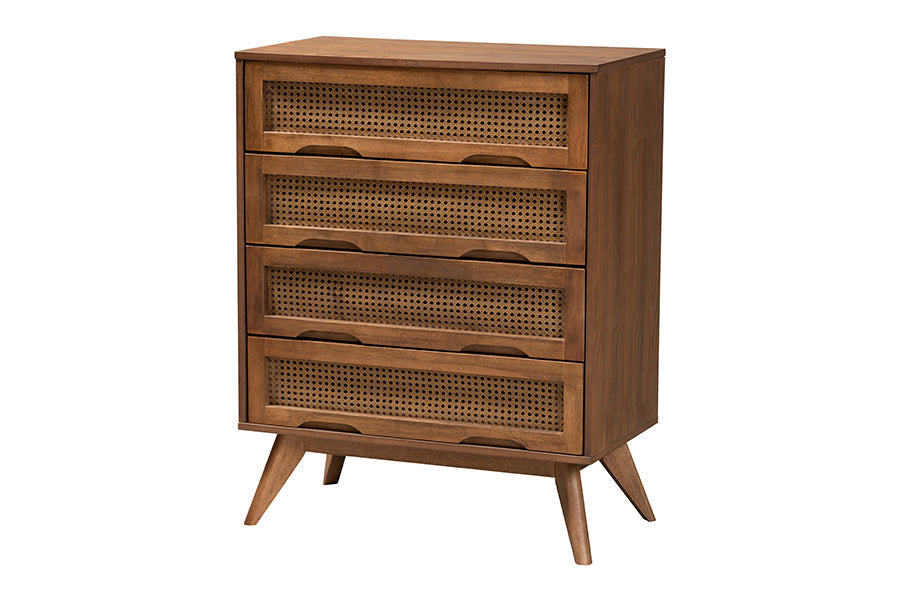 Asami Mid-Century Modern Walnut Brown Finished Wood And Woven Rattan Queen Size 4-Piece Bedroom Set