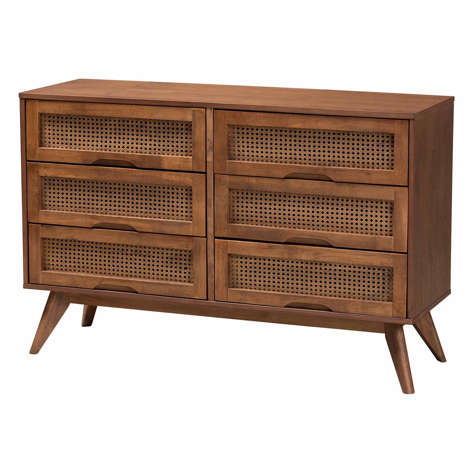 Asami Mid-Century Modern Walnut Brown Finished Wood And Woven Rattan Full Size 4-Piece Bedroom Set