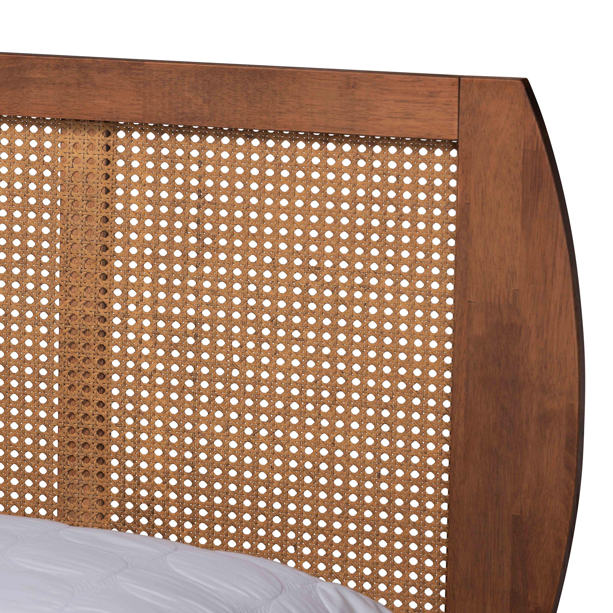 Asami Mid-Century Modern Walnut Brown Finished Wood And Woven Rattan Full Size 4-Piece Bedroom Set