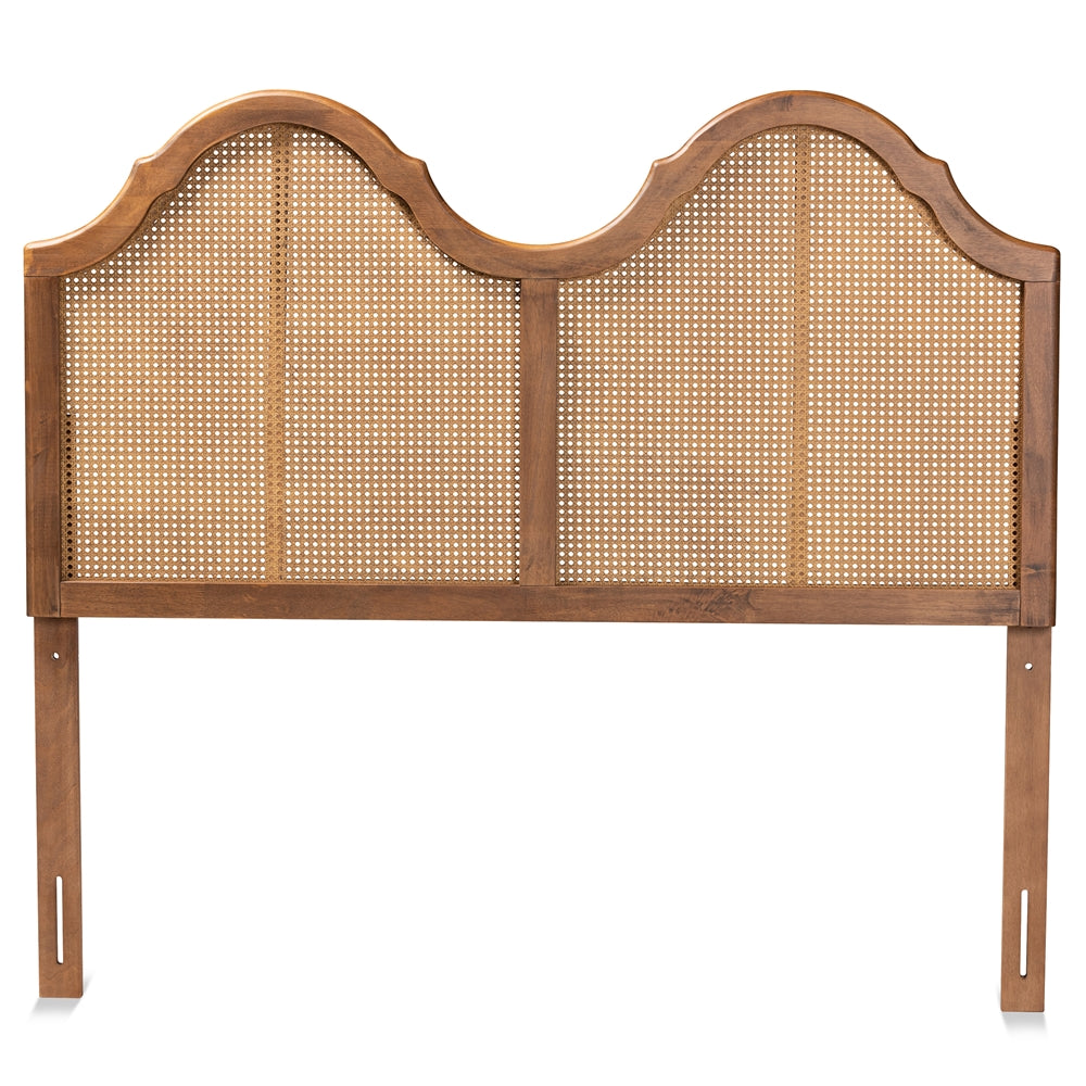 Hazel Vintage Classic and Traditional Ash Walnut Finished Wood and Synthetic Rattan King Size Arched Headboard