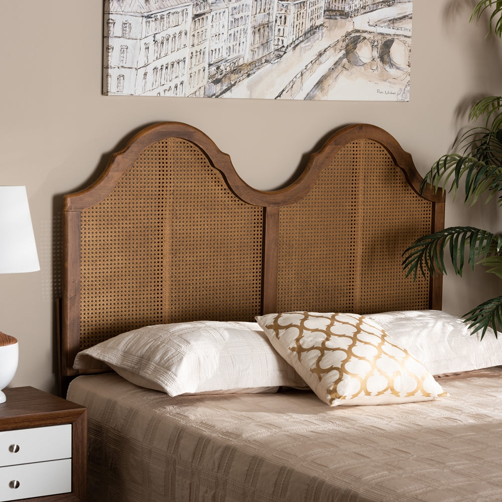 Hazel Vintage Classic and Traditional Ash Walnut Finished Wood and Synthetic Rattan Queen Size Arched Headboard