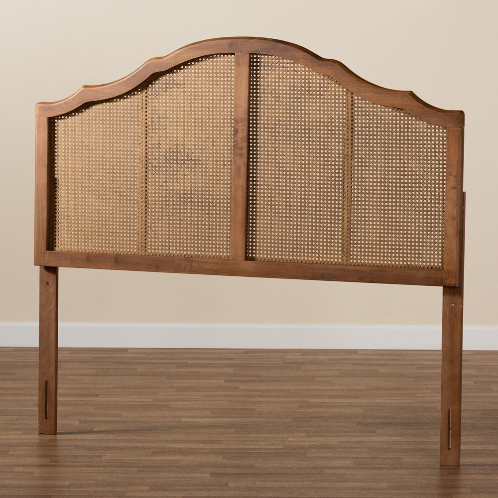 Iris Vintage Classic and Traditional Ash Walnut Finished Wood and Synthetic Rattan Queen Size Arched Headboard
