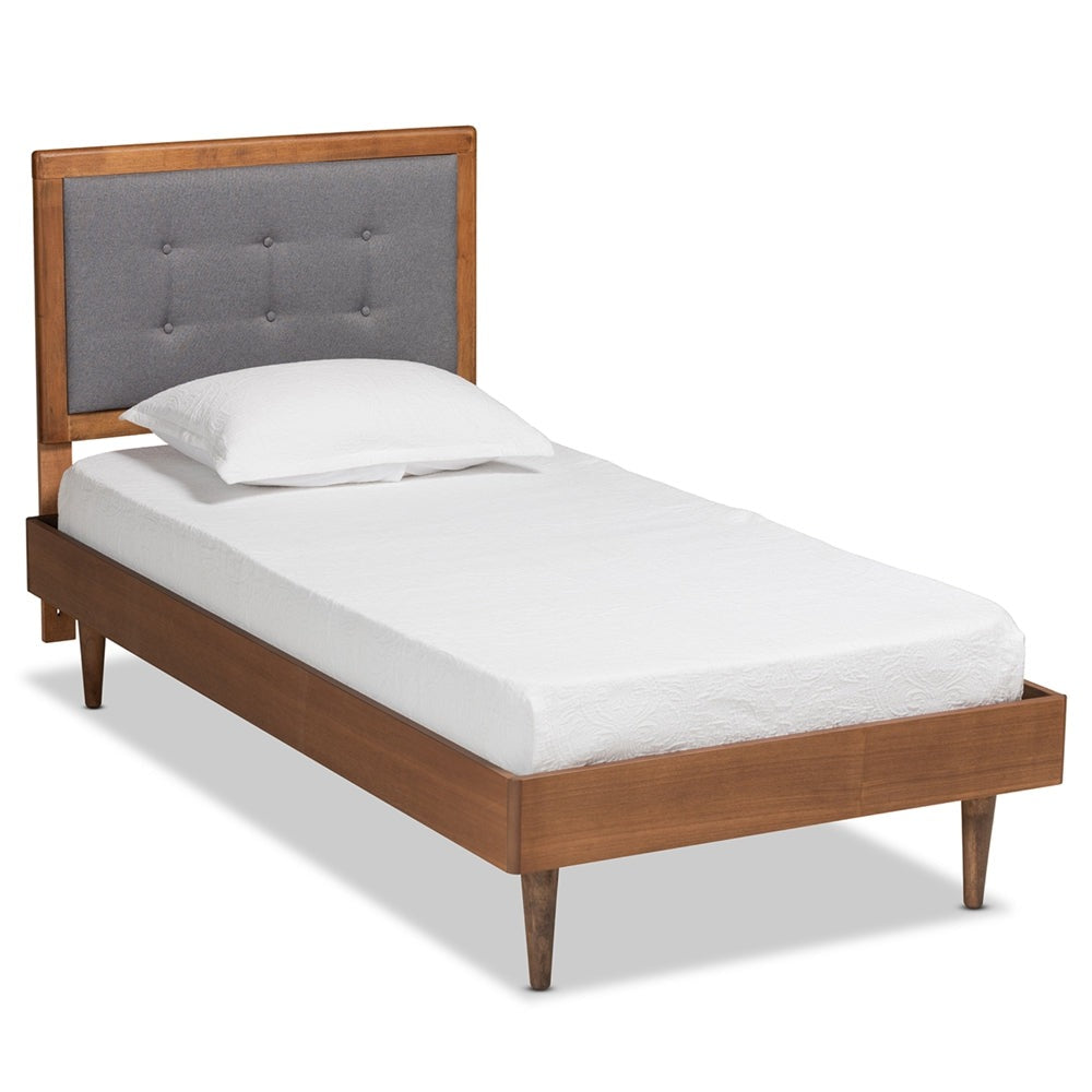 Greta Light Grey Fabric Walnut Brown Finished Wood Twin Size Bed