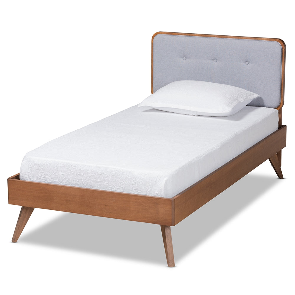 Dilara Light Grey Fabric and Walnut Brown Finished Wood Twin Size Bed