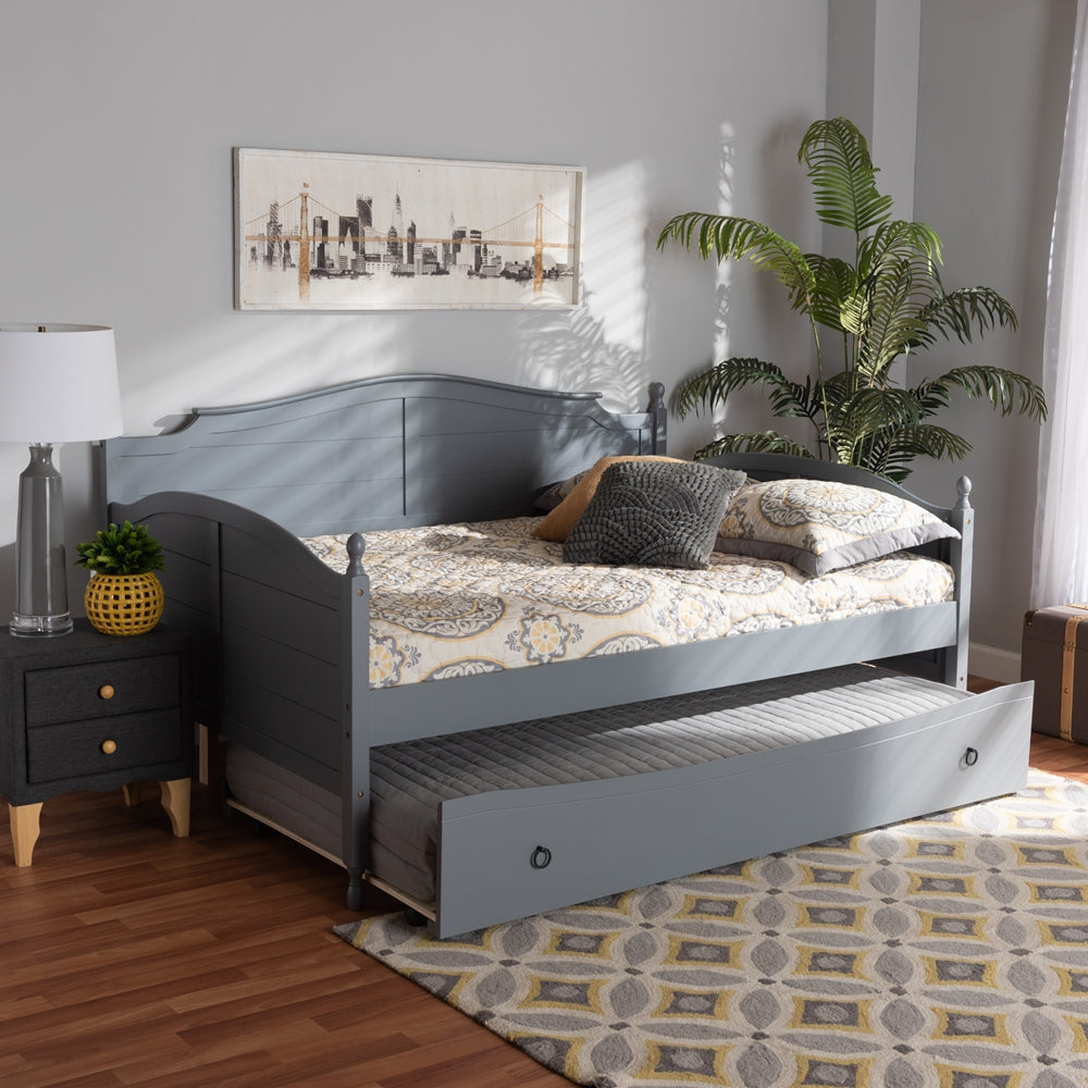 Mara Grey Finished Wood Full Size Daybed With Roll-Out Trundle Bed