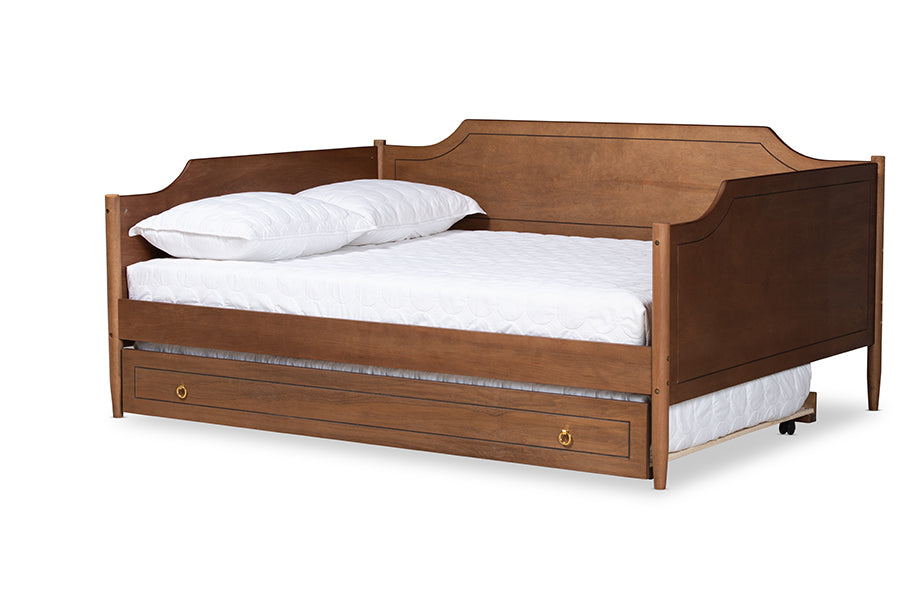 Alya Full Daybed Traditional Farmhouse Walnut Wood With Roll-Out Trundle