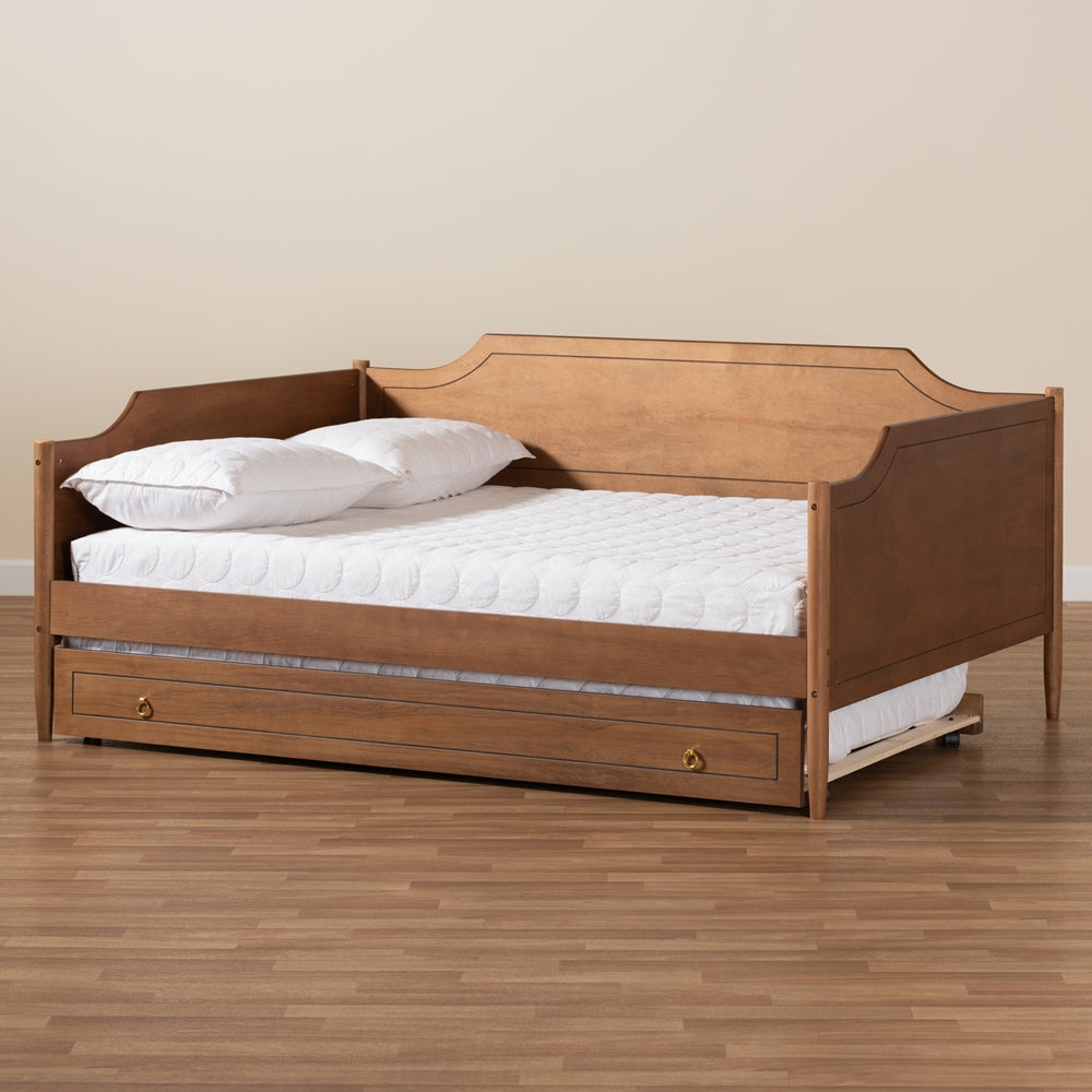 Alya Full Daybed Traditional Farmhouse Walnut Wood With Roll-Out Trundle