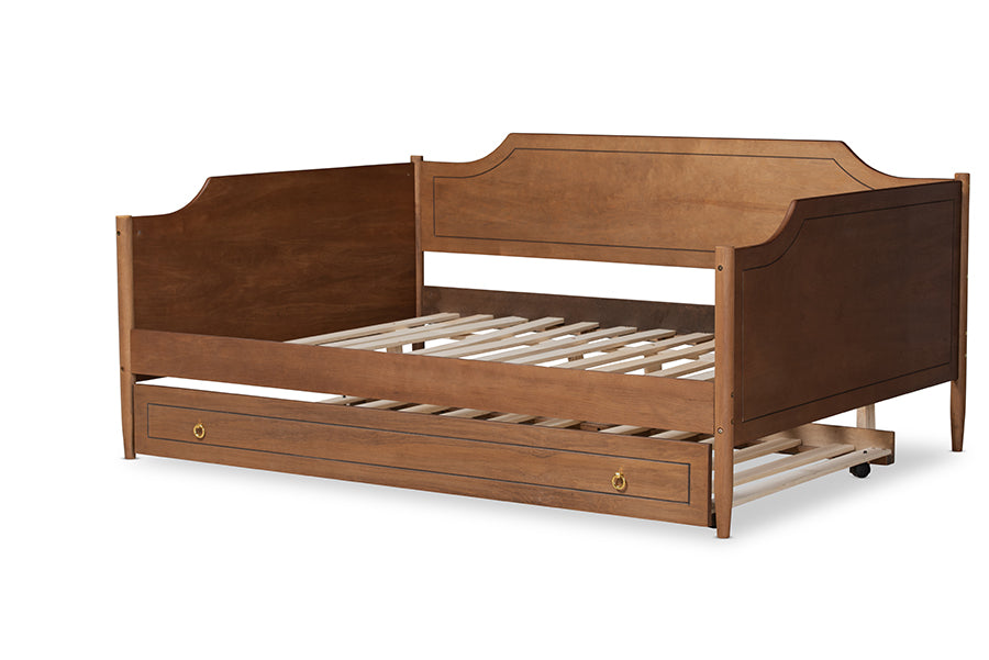 Alya Full Daybed Traditional Farmhouse Walnut Wood With Roll-Out Trundle