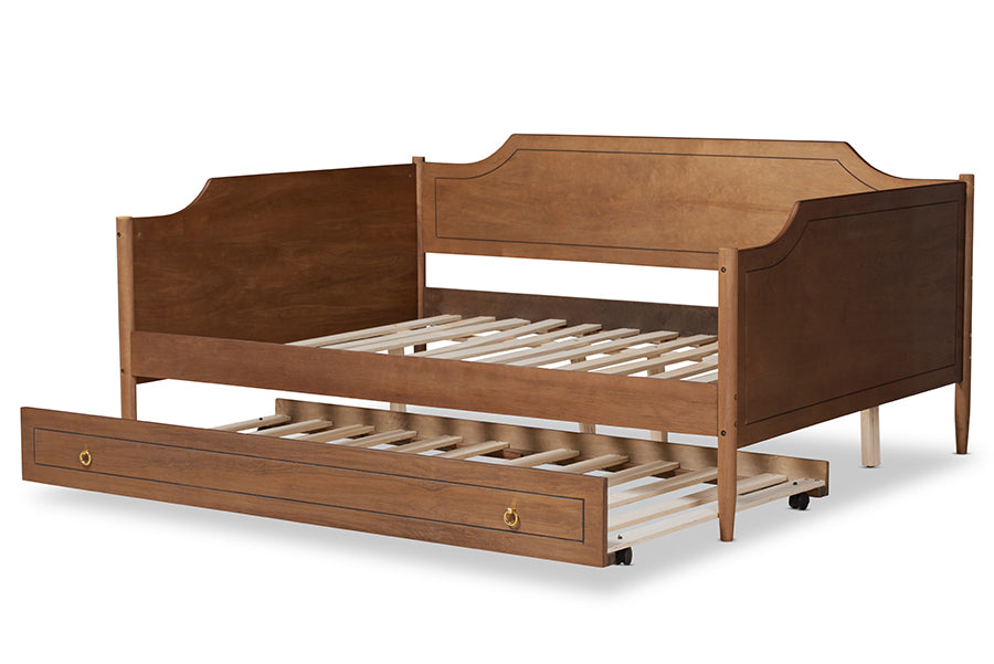 Alya Full Daybed Traditional Farmhouse Walnut Wood With Roll-Out Trundle