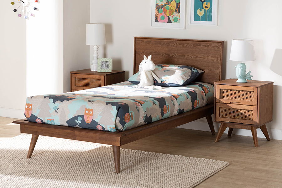 Warren Twin Wood Platform Bed Set – Mid-Century Modern 3-Piece with Rattan Details