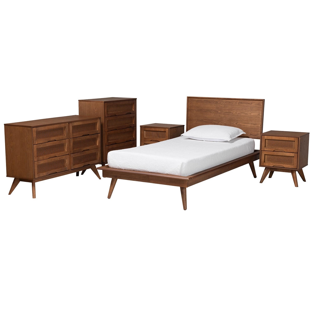 Melora Mid-Century Modern Walnut Brown Finished Wood And Rattan Twin Size 5-Piece Bedroom Set