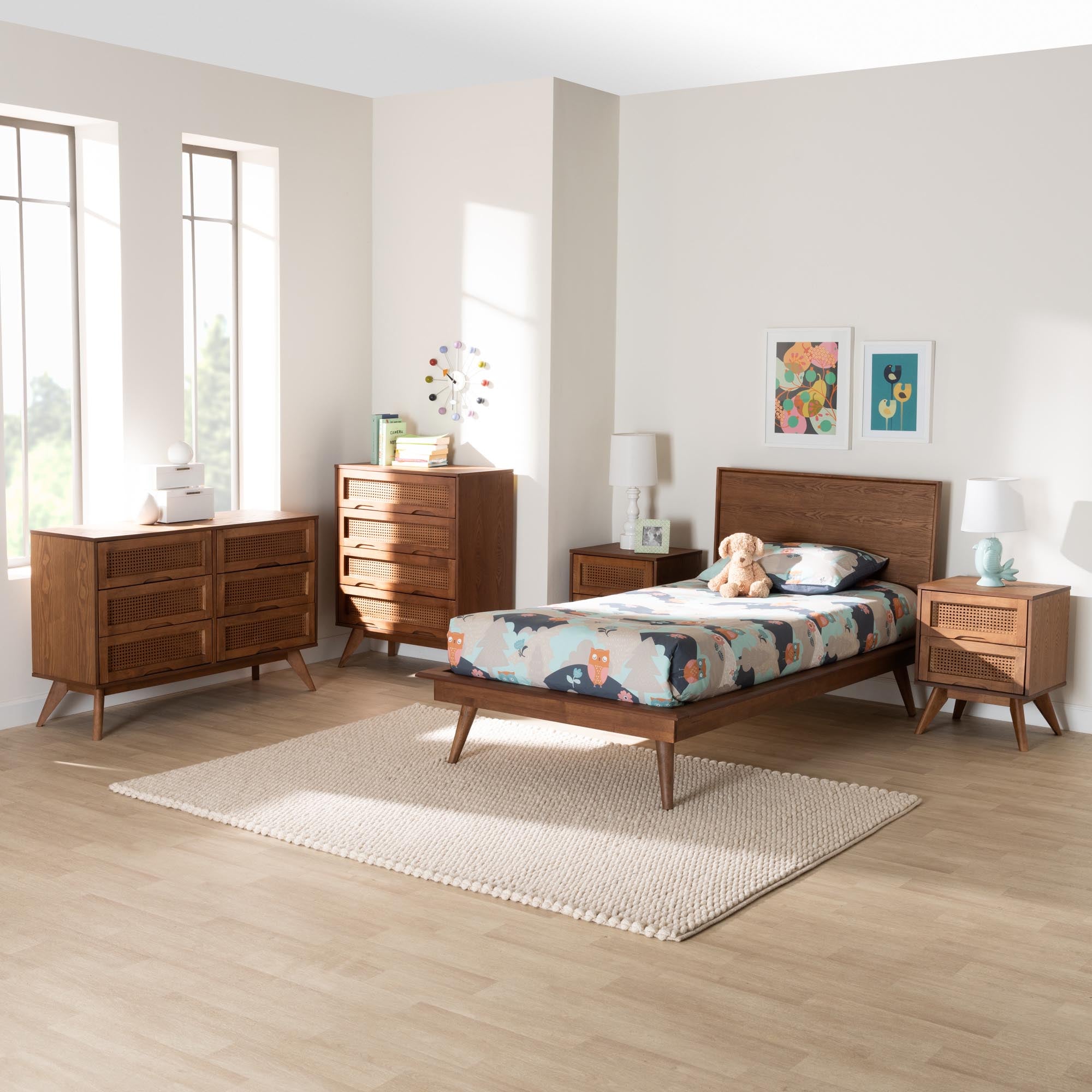 Melora Mid-Century Modern Walnut Brown Finished Wood And Rattan Twin Size 5-Piece Bedroom Set