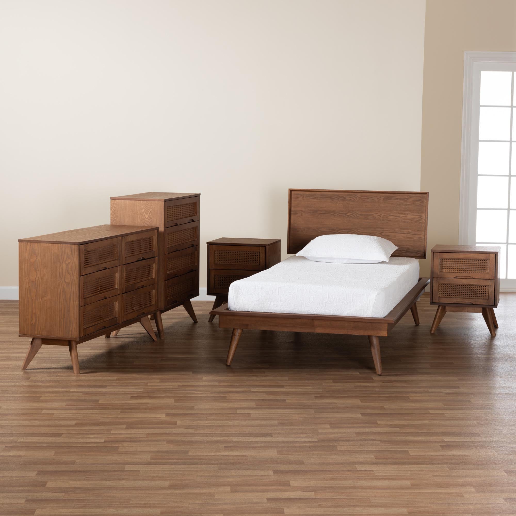 Melora Mid-Century Modern Walnut Brown Finished Wood And Rattan Twin Size 5-Piece Bedroom Set