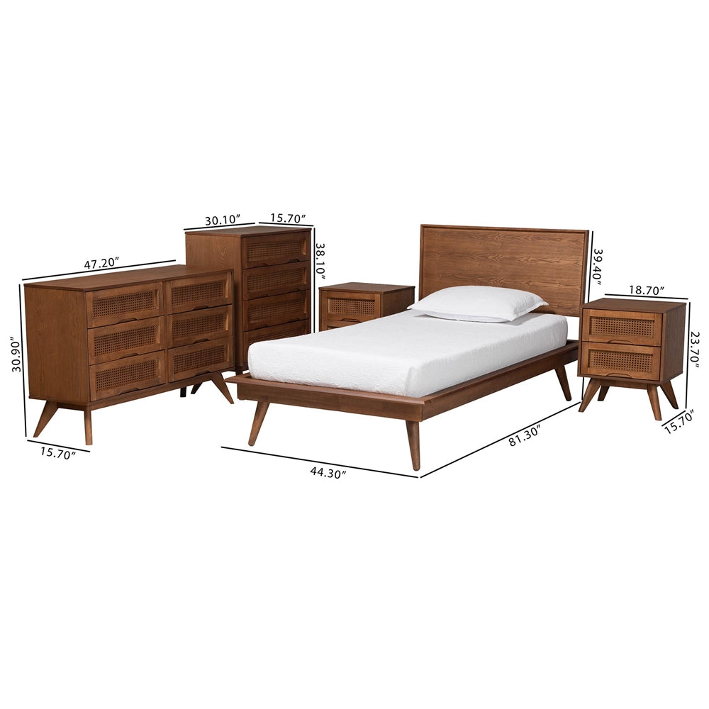 Melora Mid-Century Modern Walnut Brown Finished Wood And Rattan Twin Size 5-Piece Bedroom Set