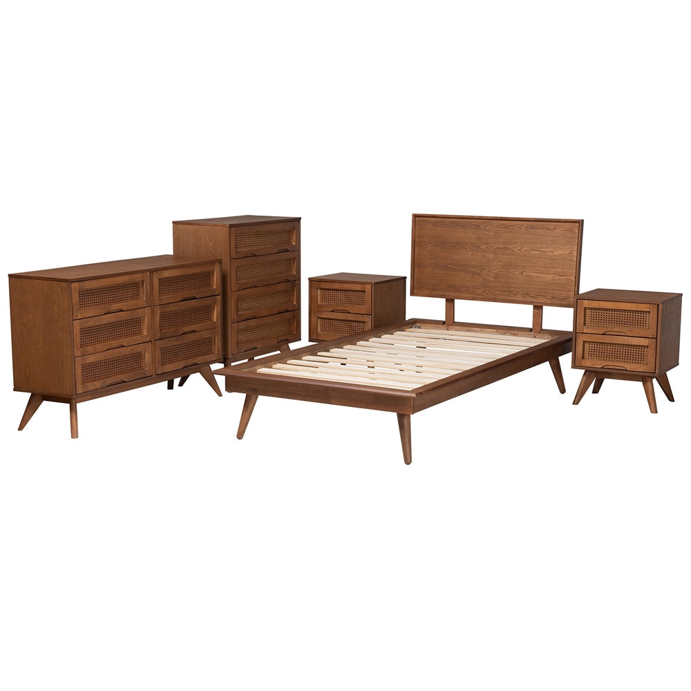 Melora Mid-Century Modern Walnut Brown Finished Wood And Rattan Twin Size 5-Piece Bedroom Set