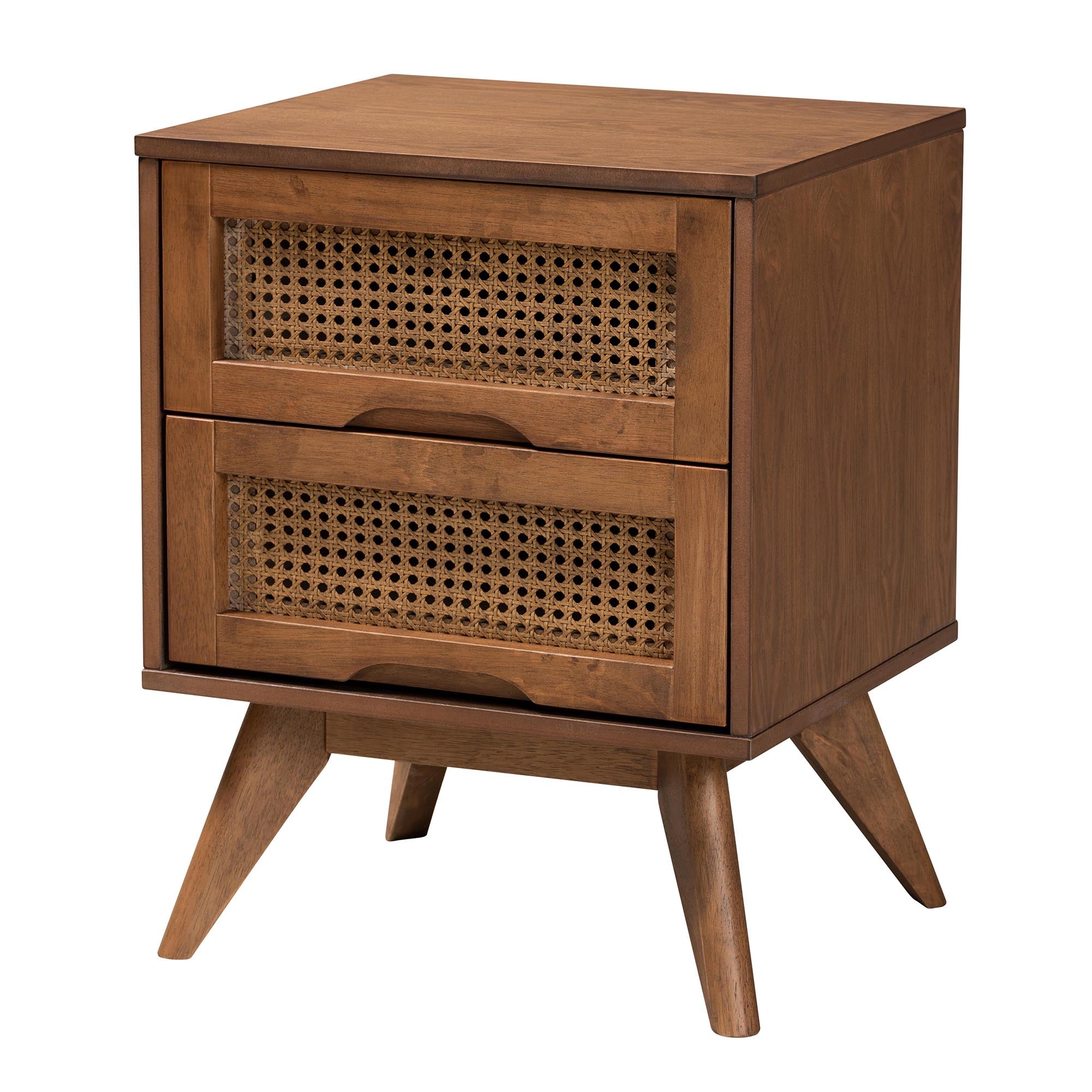 Melora Mid-Century Modern Walnut Brown Finished Wood And Rattan Twin Size 5-Piece Bedroom Set